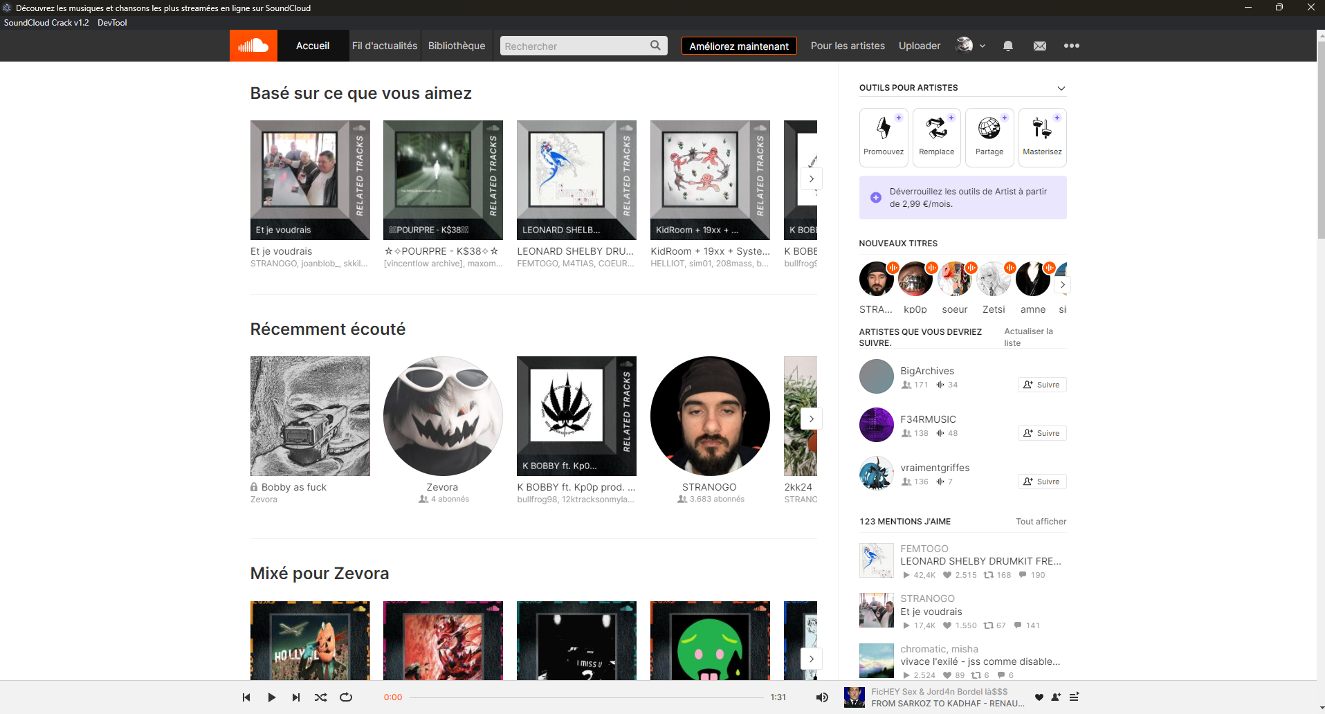 Interface principale de SoundCloud Rework
